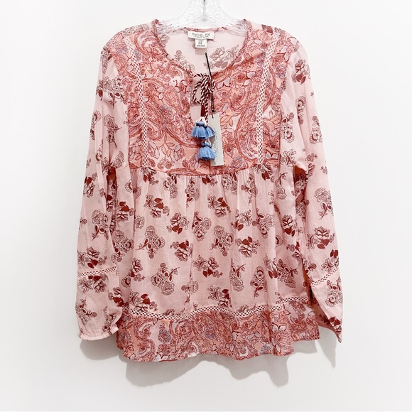 Rachel Zoe Tops - Rachel Zoe shirt pink floral peasant boho paisley tassel ties cutout